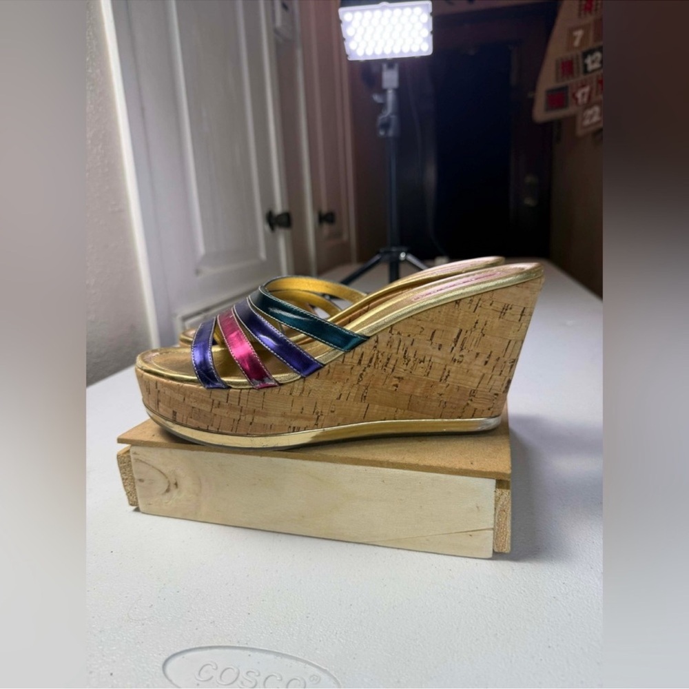 Prada Women's Multi Metallic Rainbow
Cork Wedge Sandals Sz 40 / US 10 - Picture 2 of 14